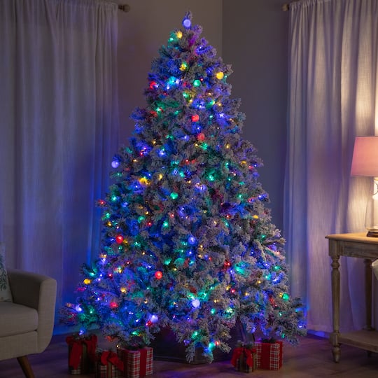 7.5ft. Pre-Lit Flocked Glacier Pine Artificial Christmas Tree, Multicolor LED Lights